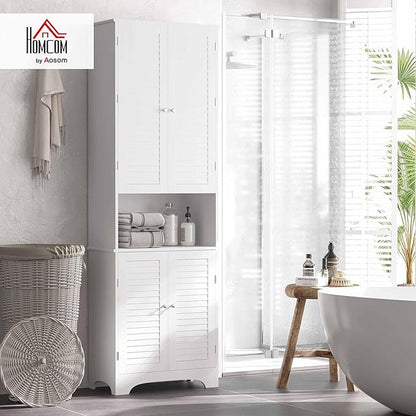 HOMCOM Tall Narrow Bathroom Storage Cabinet with Doors and Shelf Adjustability, Freestanding Linen Cabinet with 2 Cabinets and Countertop, White