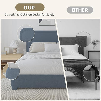 BarnFurin Twin Bed Frames with Headboard,Cloud Boucle Upholstered Platform Bed, Modern Style, Soft Rounded Corners, No Box Spring Needed, Easy Assembly, Blue