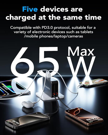 65W for MacBook Pro Charger,5-in-1 Retractable Wall Charger Plug for iPhone 17, Dual 3.94 ft PD USB C Cable&3 Ports, Fast Charging Block for Mac Book Pro/Air, M1 M2 M3 M4, iPad Pro,Galaxy,Pixel