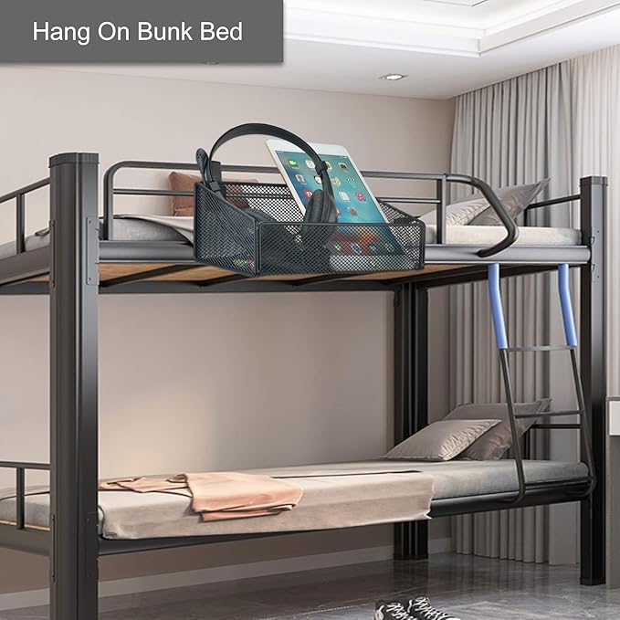 MATIMASU Bedside Caddy Hanging Storage Basket Beside Shelf Metal Organizer for Collage Dorm Bunk Bed,Hospital Bed,Baby Bed - Bedroom Essentials for Magazine,Remote Control,Phone,Drinks (Black)