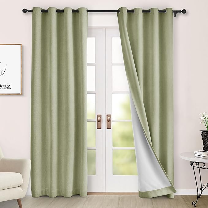 Macochico 100% Blackout Chenille Curtains Thermal Insulated Noise Reducing Velvet Draperies for Living Room Bedroom Hotel Green Tint Blackout Curtains Grommet Top with Tieback 84" Wx84 L 1 Panel