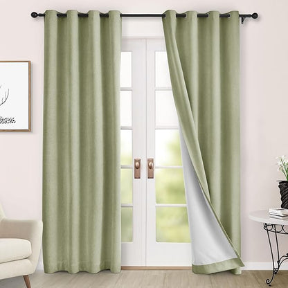 Macochico 100% Blackout Curtains Thermal Insulated Noise Reducing Chenille Curtains for Hotel Auditorium Bedroom Living Room Grommet Green Tint Curtains with Tieback Classic 52" Wx84 L 1 Panel