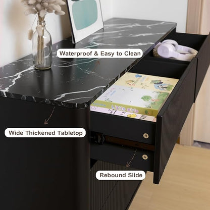 Fluted 6 Drawers Dresser for Bedroom,52" Wide Handleless Chest of Drawers with Faux Marble Top, Wooden Dresser TV Stand, Wood Drawer Organizer for Living Room, Hallway, Black