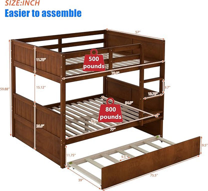 TSAMPA Latest Upgraded & Stronger Heavy Duty Solid Wood Full Over Full Bunk Bed with Trundle, Thickened Safer Convertible Bunkbed Frame (Easier to Assemble) (Walnut)