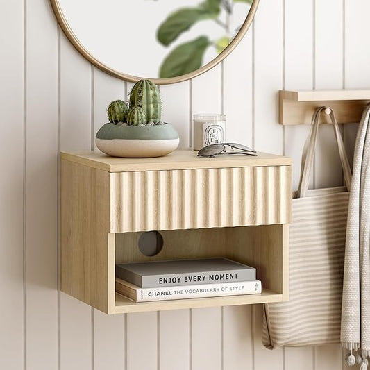 Small Floating Nightstand with Drawer, Modern Night Stand with Fluted Door and Open Storage Shelf Wall Mounted Bedside Table for Bedroom, Entryway Light Oak