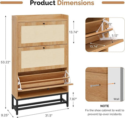 Slim Entryway Shoe Storage Cabinet with 3 Flip Drawers, Modern Freestanding Shoes Organizer Holds 16-20 Pairs, Closed Shoe Storage for Hallway, Foyer - Space-Saving Wood Shoe Cabinet