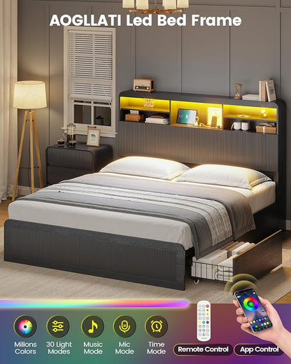 AOGLLATI Full Size Bed Frame with 4 Storage Drawers and Hidden Storage Headboard, Black Led Fluted Bed Frame Full Size with Charging Station and Curved Profile Design,No Box Spring Needed, Black