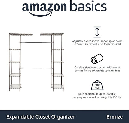 Amazon Basics Expandable Metal Hanging Closet Organizer and Storage Rack Wardrobe with Shelves, 57-80''L x 14''W x 72''H, Bronze