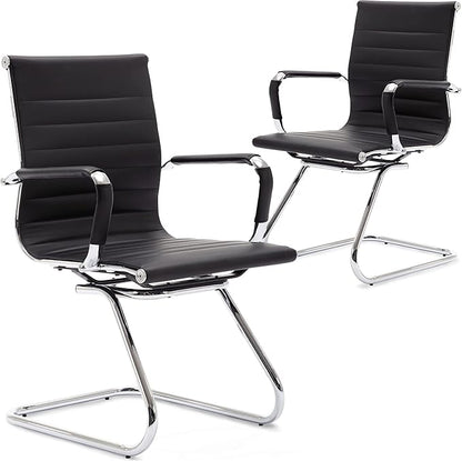 Wahson Office Guest Chairs Set of 2, Leather Reception Chairs, Mid Back Waiting Room Chair, Conference Chairs with Sled Base, Desk Chair No Wheels for Meeting/Lobby/Restroom, Black