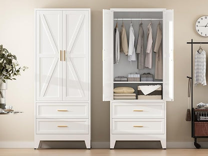 COFaR Metal Wardrobe Cabinet, 71 Farmhouse Armoire Wardrobe Closet with Rods, 2 Barn Doors, Adjustable Shelves, Steel with 2 Drawer Bedroom armoires, White