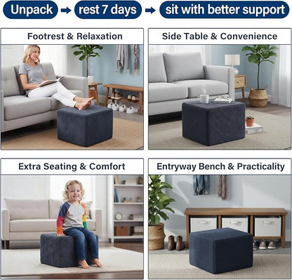Tiita Stuffed Pouf Ottoman, Square Foot Stool Fluffy Floor Poufs Chair for Living Room Bedroom, Filled Boho Foot Rest for Couch, Blue-Grey
