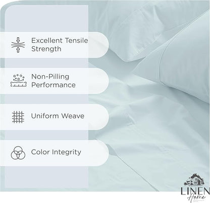 Linen Home 100% Cotton Percale Sheets King Size, Blue Duck Egg, Deep Pocket, 4 Pieces Set - 1 Flat, 1 Deep Pocket Fitted Sheet and 2 Pillowcases, Crisp Cool and Strong Bed Linen