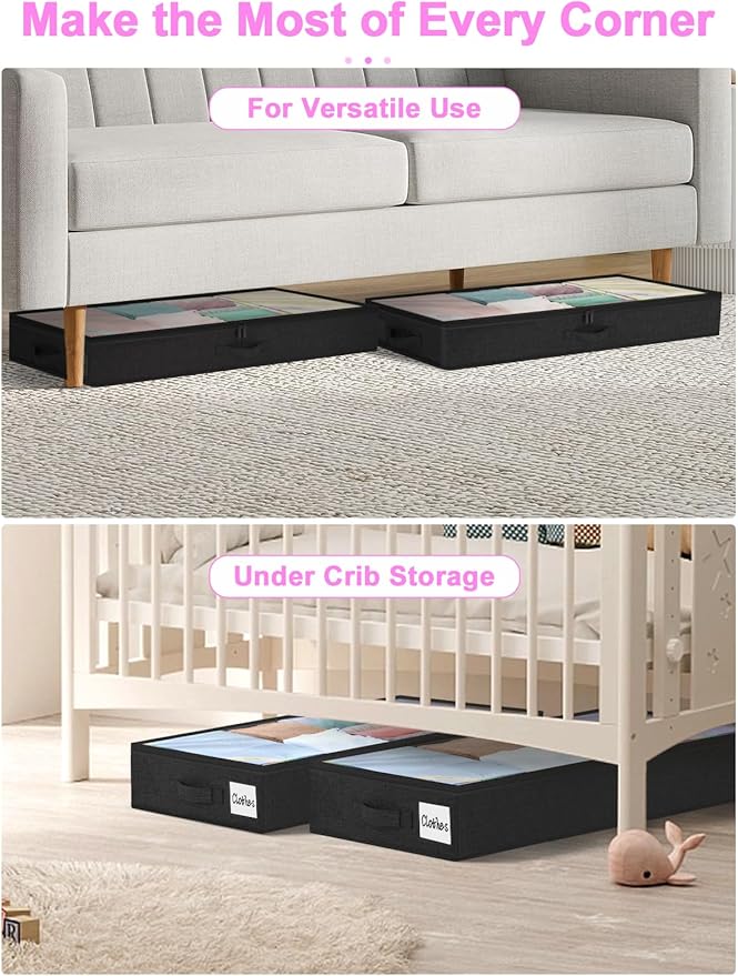 punemi Under Bed Storage Containers, Below 4 Inches Tall Low Profile Foldable Under Bed Storage,No Structure, Soft Fabric Blanket Storage and Clothing Storage with Zipper, 2 Pack, 20x40x3.7in, Black