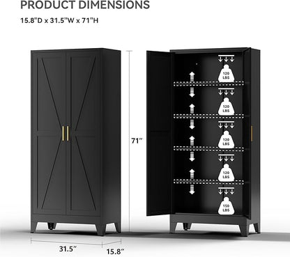 Farmhouse Pantry Cabinet with Barn Doors, 71" H x 31.5" W, 5-Tier Metal Storage Cabinet with 4 Adjustable Shelves for Kitchen Garage Dining Room, Black