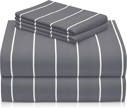 LuxClub 4 PC Full Sheet Set, Deep Pockets Wrinkle Free Cooling Bed Sheets Hotel Bedding for Women, Men, Includes 1 Fitted Sheet, 1 Flat Sheet and 2 Pillowcases-Striped - Light Grey