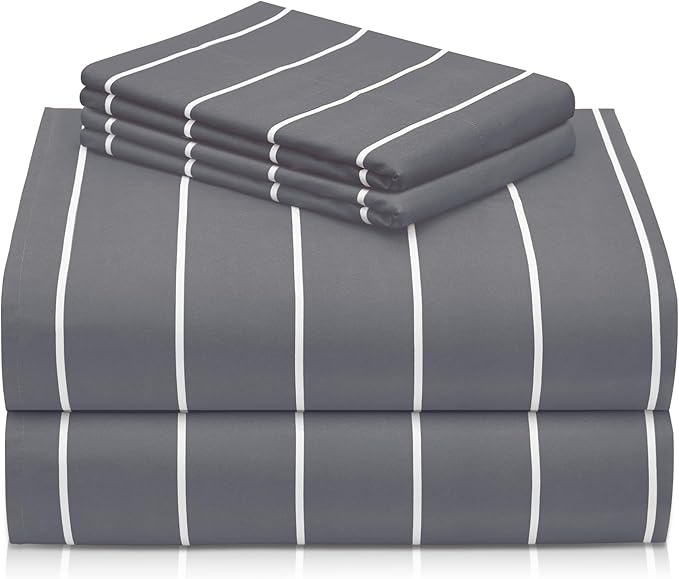 LuxClub 4 PC King Sheet Set, Deep Pockets Wrinkle Free Cooling Bed Sheets Hotel Bedding for Women, Men, Includes 1 Fitted Sheet, 1 Flat Sheet and 2 Pillowcases-Striped - Light Grey