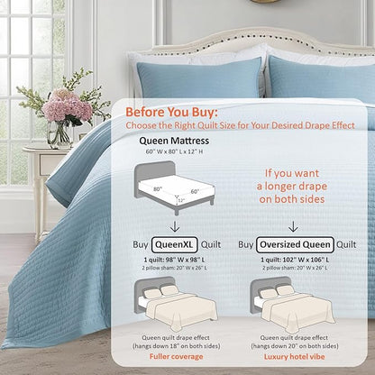 KASENTEX Queen XL Quilt Set 98"x98" – Soft Washed 3-Layer Lightweight Bedspread, Minimalist Nordic Design, All-Season Spring & Summer Quilt Set (1 Quilt + 2 Pillow Shams), Blue