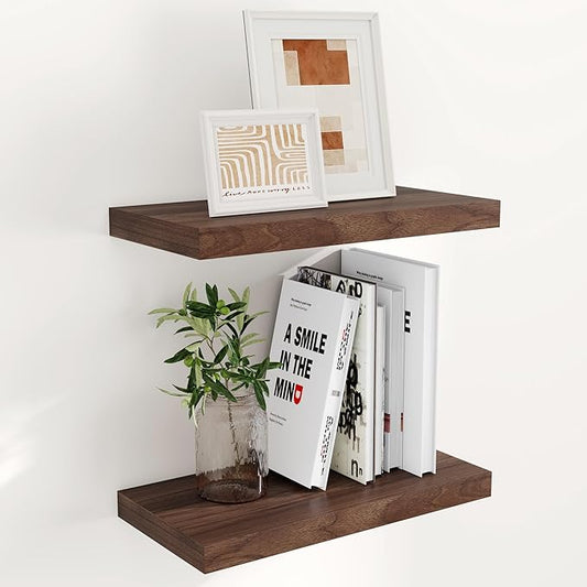 Floating Shelves 16 Inch Long, Wall-Mounted Bathroom Shelves Set of 2, 9.3 Inch Deep Shelf for Home Storage & Display, Wooden Deep Wall Shelves for Bedroom, Living Room, Kitchen, Walnut Color