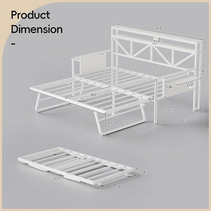 Daybed with Trundle, Heavy Duty Metal Twin Bed Frame with LED Lights & 2-Tier Storage Shelves, Sofa Day Bed with Charging Station & Tabletop for Living Room, Bedroom, Guest Room (White)