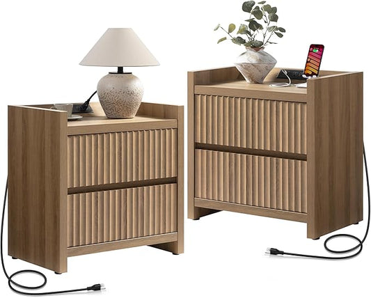 SICOTAS Night Stands Set of 2-Fluted Nightstands with Charging Station- Modern 2 Drawers Nightstand 25" Tall Bedside Table End Table, Large Night Stand for Bedroom, Sofa Side