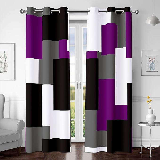 Purple 100% Blackout Curtains for Bedroom 63 inch Length 2 Panels Set Black Grey Modern Abstract Geometric Black Out Curtains Insulated Room Darkening Window Drapes for Living Room, 42Wx63L