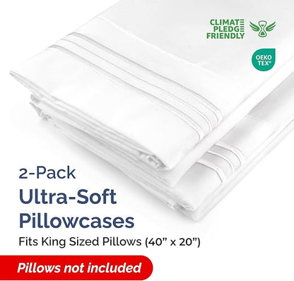 King Pillow Cases Set of 2 - Ultra Soft Hotel Quality Pillowcase Covers - Comfy, Cozy & Wrinkle Free - Shrinkage, Stain and Fade Resistant - Machine Washable Pillow Protectors - 2 Piece Set - White
