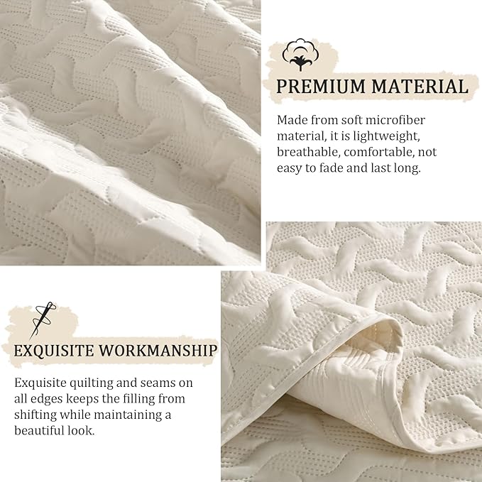 Yiran California King Size Beige Quilt Set Lightweight Oversized Bedspread Ultrasonic Wave Pattern Soft Microfiber Summer Coverlet Modern Style 3 Piece with 2 Pillow Shams (112x104 inch)