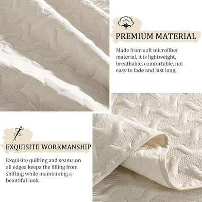 Yiran California King Size Beige Quilt Set Lightweight Oversized Bedspread Ultrasonic Wave Pattern Soft Microfiber Summer Coverlet Modern Style 3 Piece with 2 Pillow Shams (112x104 inch)