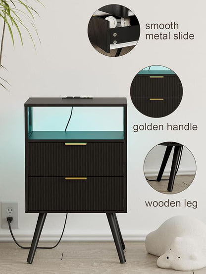 Nightstand with Charging Station and LED Lights, Modern Bedside Table with 2 Storage Drawer and Open Wood Shelf for Bedroom and Small Spaces, Night Stand with Solid Wood Legs