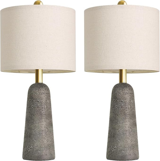 BOBOMOMO 21" Modern Table Lamps Set of 2, Gray Resin Lamp with Stone Look, Small Bedside Lamps for Bedroom, Contemporary Nightstand Lamps with Linen Shades, Small Lamp for Nursery, Entryway