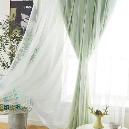Stars Curtains Double Layer Curtains Blackout Curtains for Bedroom Kids Curtains Cute Curtains Kids Blackout Curtains, Curtains 96 Inches Long 2 Panels Set, Green Curtains, 52 X 96 Inches