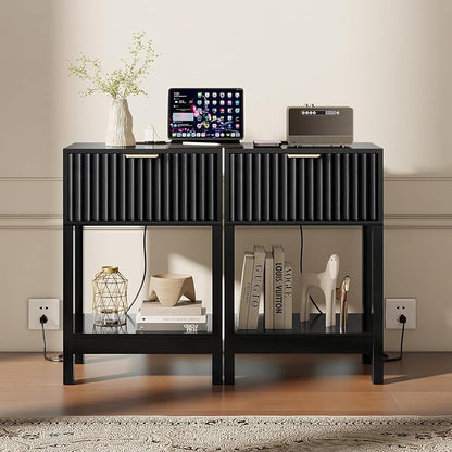 Night Stand Set 2, Fluted Nightstand with Charging Station, Wood Bedside Table with Drawer & Storage Shelf, Modern End Tables for Bedroom Sofa Couch Office, Black