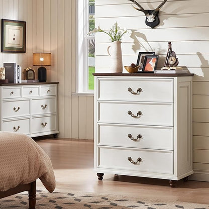 Farmhouse 4 Drawer Dresser for Bedroom, 37" Tall Rustic Chests of Drawers w/ 4 Solid Wood Feet, Mid Century Modern Wooden Closet Storage Dressers Organizer for Living Room, Hallway, White
