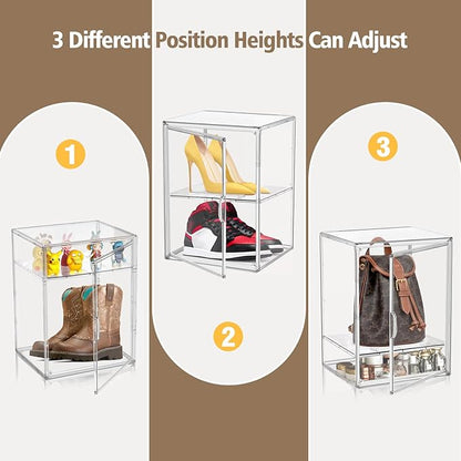 2 Pcs Shoe Display Case, XX-Large Tall Boot Storage Box Transparent Handbag Organizer for Closet Acrylic Shoe Box Clear Plastic Stackable Sneaker Collectibles Case with Detachable Divider