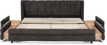 DEINPPA Queen Size Bed Frame with 4 Storage Drawers and Cloud Soft Headboard, Chenille Upholstered Grounded Wood Base Bed Frame, No Box Spring Needed-Dark Grey