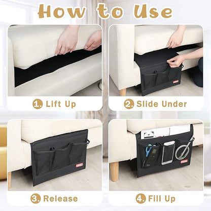 HAKACC Bedside Storage Organizer with Pockets，Bedside Caddy,Remote Control Holder Armchair Couch Caddy Sofa Armrest Bag，bed accessories,Black
