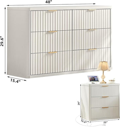 LEYAOYAO 48" Wide Fluted Dresser and 3 Drawers 23" Nightstand Set of 2, Wooden Dresser & Night Stand with Charging Station, 3 Piece Bedroom Furniture Set, Chest of Drawer for Living Room,Antique White