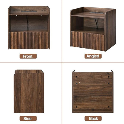 Modern Fluted Floating Nightstand Wall Mounted - Bedside Table with Storage Drawer & Display Shelf, Minimalist Bedroom Furniture for Studio Apartments(Walnut)