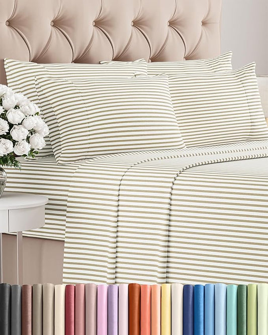 Full 6 Piece Sheet Set - Cooling, Comfy & Breathable - Hotel Luxury Bedding, Includes Fitted Sheet for Women, Men, Kids & Teens - 1 Flat, 1 Fitted Sheet, 4 Pillowcases w/Deep Pockets - Beige Stripes