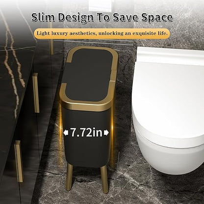 Procade Office Trash Can with Lid, Black Bathroom Trash Can with Gold Edge, Modern Narrow Garbage Can with Legs, Slim Plastic Trash Bin for Bedroom, Living Room,Kitchen,Toilet, 4 Gallon
