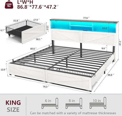 King Size Bed Frame with Bookcase Storage and Drawers, Farmhouse Bed with High Headboard, Charging Station and LED Lights, No Box Spring Needed, Noise Free, Easy Assembly, Antique White
