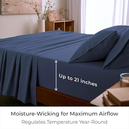 Mellanni California King Sheet Set - 6-Piece Iconic Collection Bedding, (Including 4 Pillowcases), 21-Inch Extra Deep Pocket, Easy Care, Ultra Soft, Cooling Sheets, Brushed Microfiber - Blue Nova