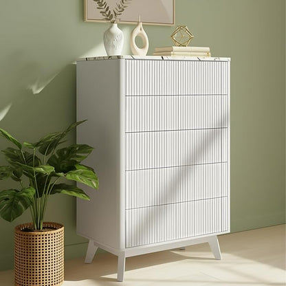Fluted 5 Drawers Dresser for Bedroom, 47" Tall Handleless Chest of Drawers with Faux Marble Top, Curved Profile Design, Wood Drawer Organizerfor forLiving Room, Hallway, Entryway, White