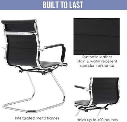 Wahson Office Guest Chairs Set of 10, Leather Reception Chairs, Mid Back Waiting Room Chair, Conference Chairs with Sled Base, Desk Chair No Wheels for Meeting/Lobby/Restroom, Black
