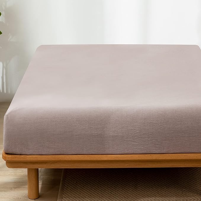MooMee Fitted Bottom Sheet Only 100% Washed Cotton Linen Like Textured Breathable Durable Soft Comfy Deep Pocket Fits Mattress up to 17" (Mauve Brown, Twin)
