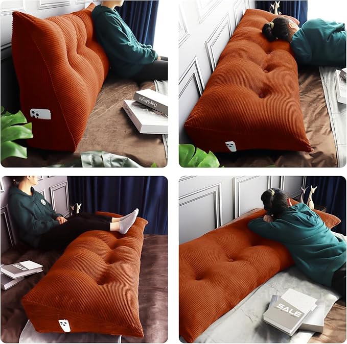 WOWMAX 100% Cotton Corduroy Headboard Pillow – Full Size Back Support Reading Wedge for Bed & Daybed, Plush Handmade Bolster Cushion with Removable Cover, Cozy Bed Rest Pillow, Rusty Orange