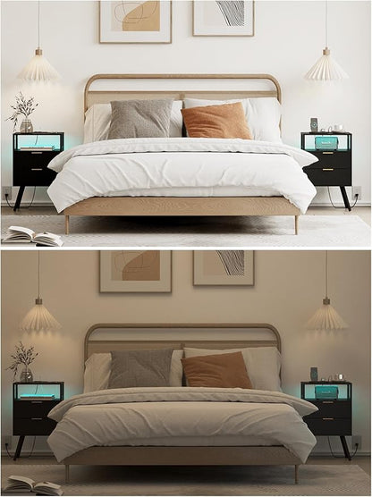 Nightstand with Charging Station and LED Lights, Modern Bedside Table with 2 Storage Drawer and Open Wood Shelf for Bedroom and Small Spaces, Night Stand with Solid Wood Legs