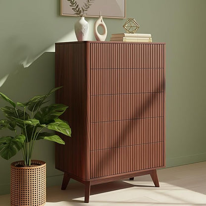 Fluted 5 Drawers Dresser for Bedroom, 47" Tall Handleless Chest of Drawers with Faux Marble Top, Curved Profile Design, Wood Drawer Organizerfor forLiving Room, Hallway, Entryway, Walnut
