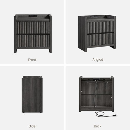 SICOTAS Night Stand Set of 2-Fluted Nightstands with Charger Station-Large Nightstand Bedside Table End Table with 2 Drawers, 25" Wide Mid Century Modern Night Stands for Bedroom-Black Oak