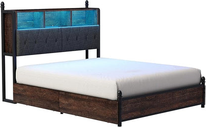 AMERLIFE Queen Size Bed Frame with Bookcase Headboard, 4 Storage Drawers, Wooden Platform Bed with Charging Station & LED Light, No Box Spring Needed, Noise-Free, Rustic Brown